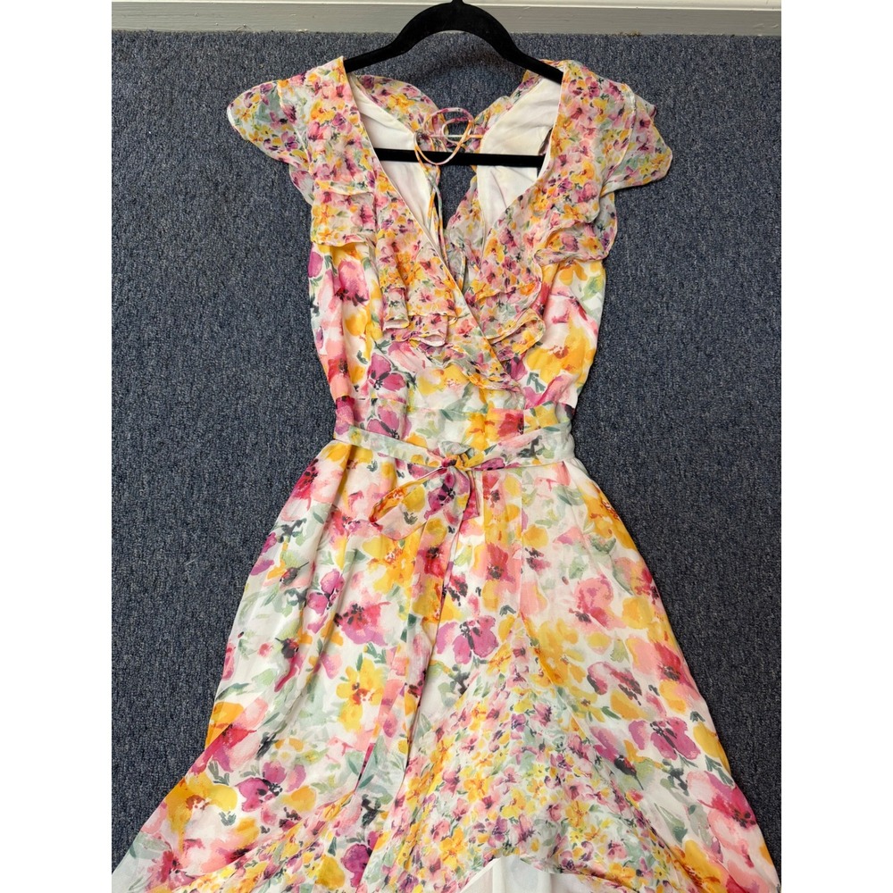 Lulus Floral High-Low Maxi Dress Pink Yellow Ruffle Flutter Sleeve Medium